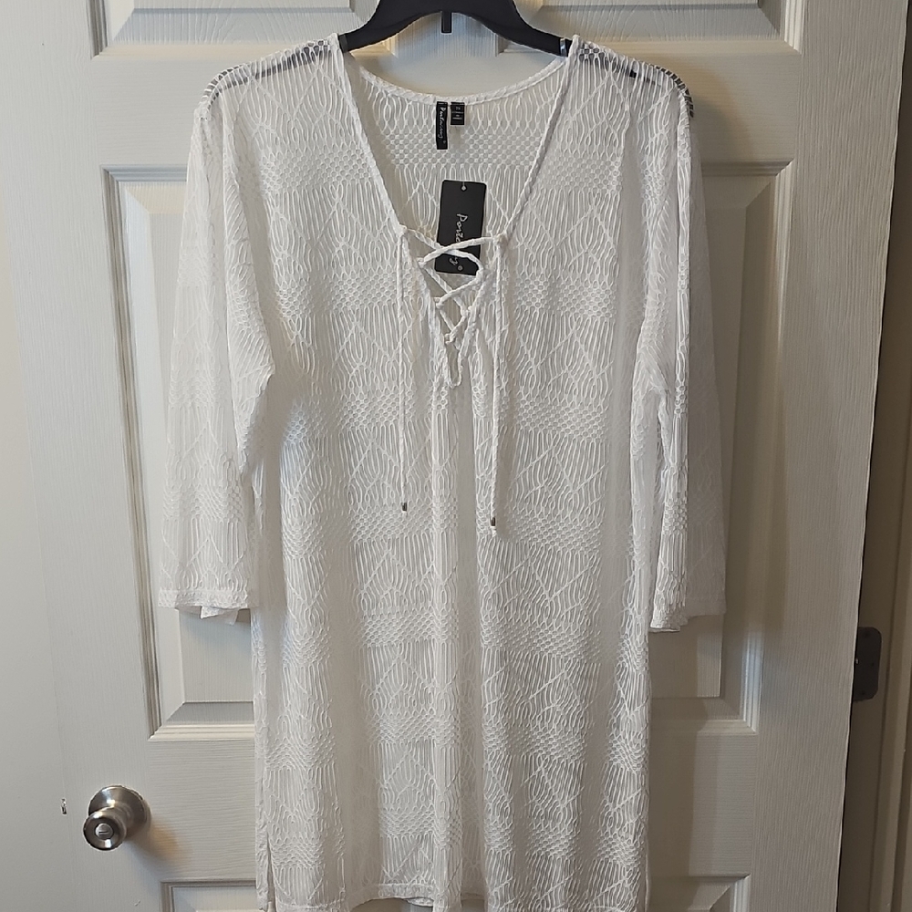 Portocruz White Lace-Up Cover-up, 2X